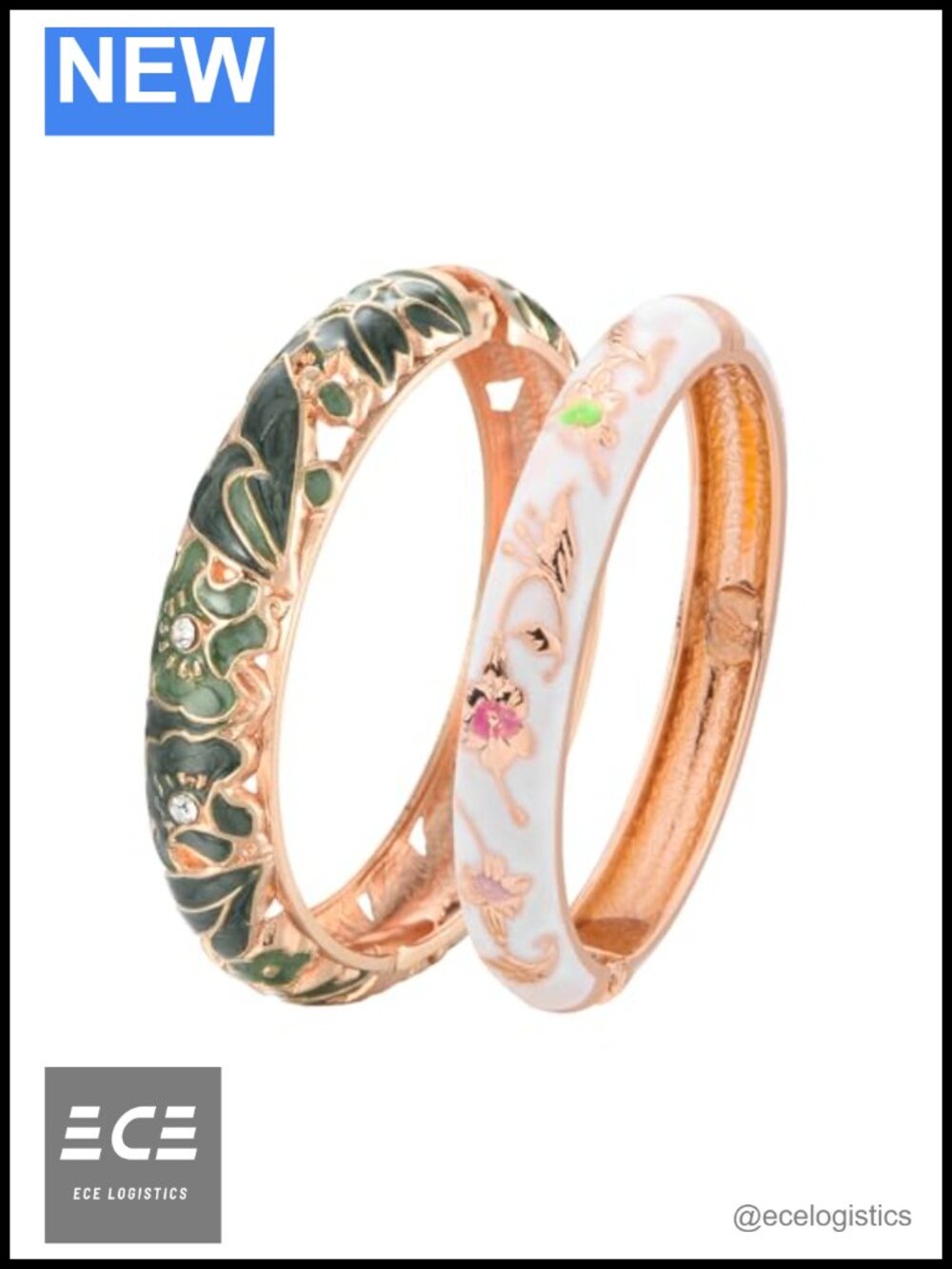 Cloisonne Enameled Butterfly Flower Hinged Cuff Bracelet Set